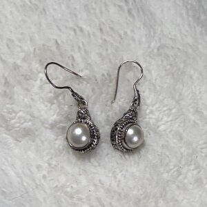 Intricate Silver Pearl Dangle Earrings